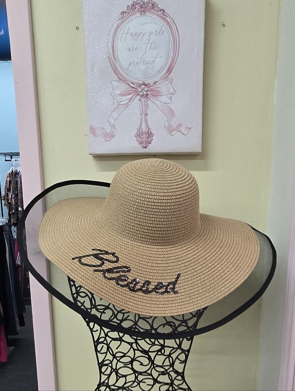 Straw Sun Hat with 'Blessed' Embroidery - Natural